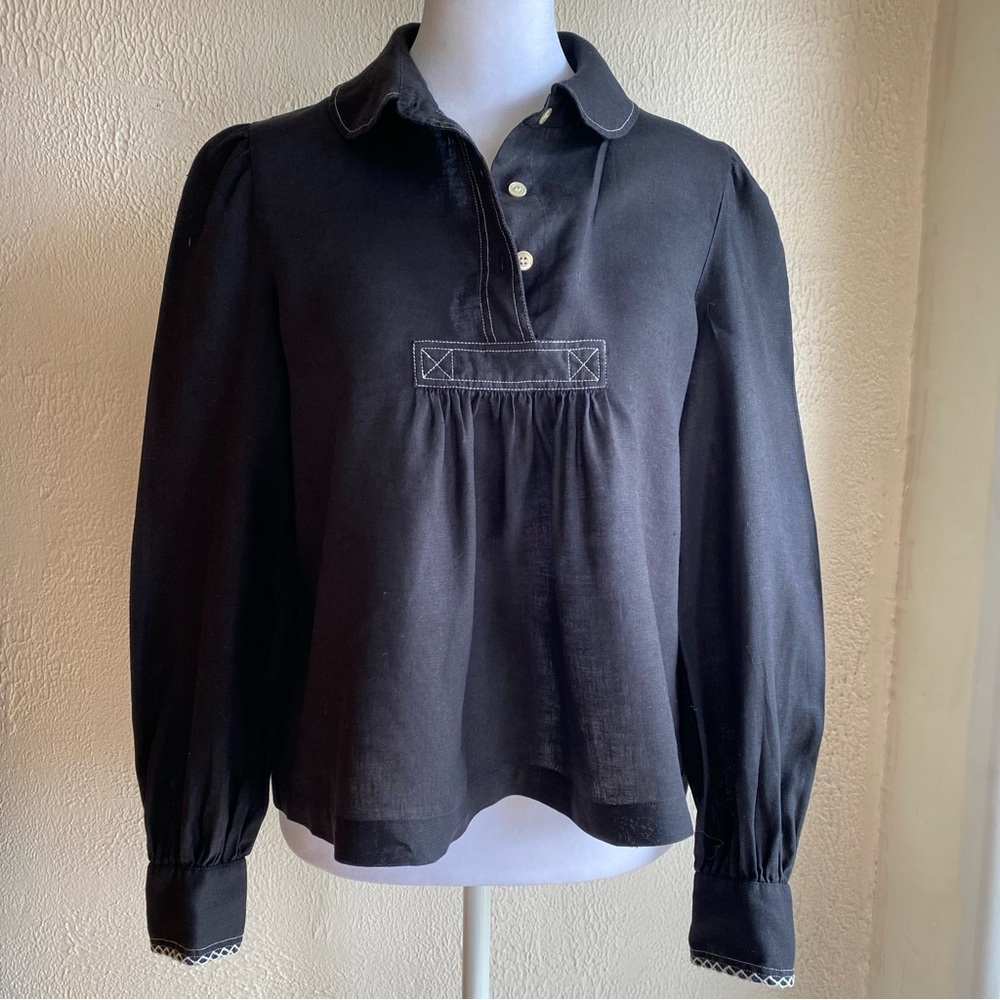 Isabel Marant Etoile black linen top with embroidered details EU size 38